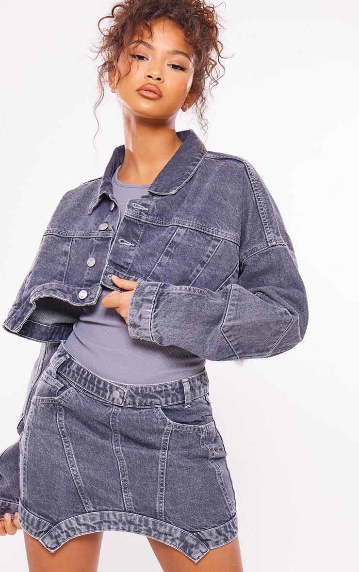 Grey Washed Curved Hem Denim Jacket Product Image