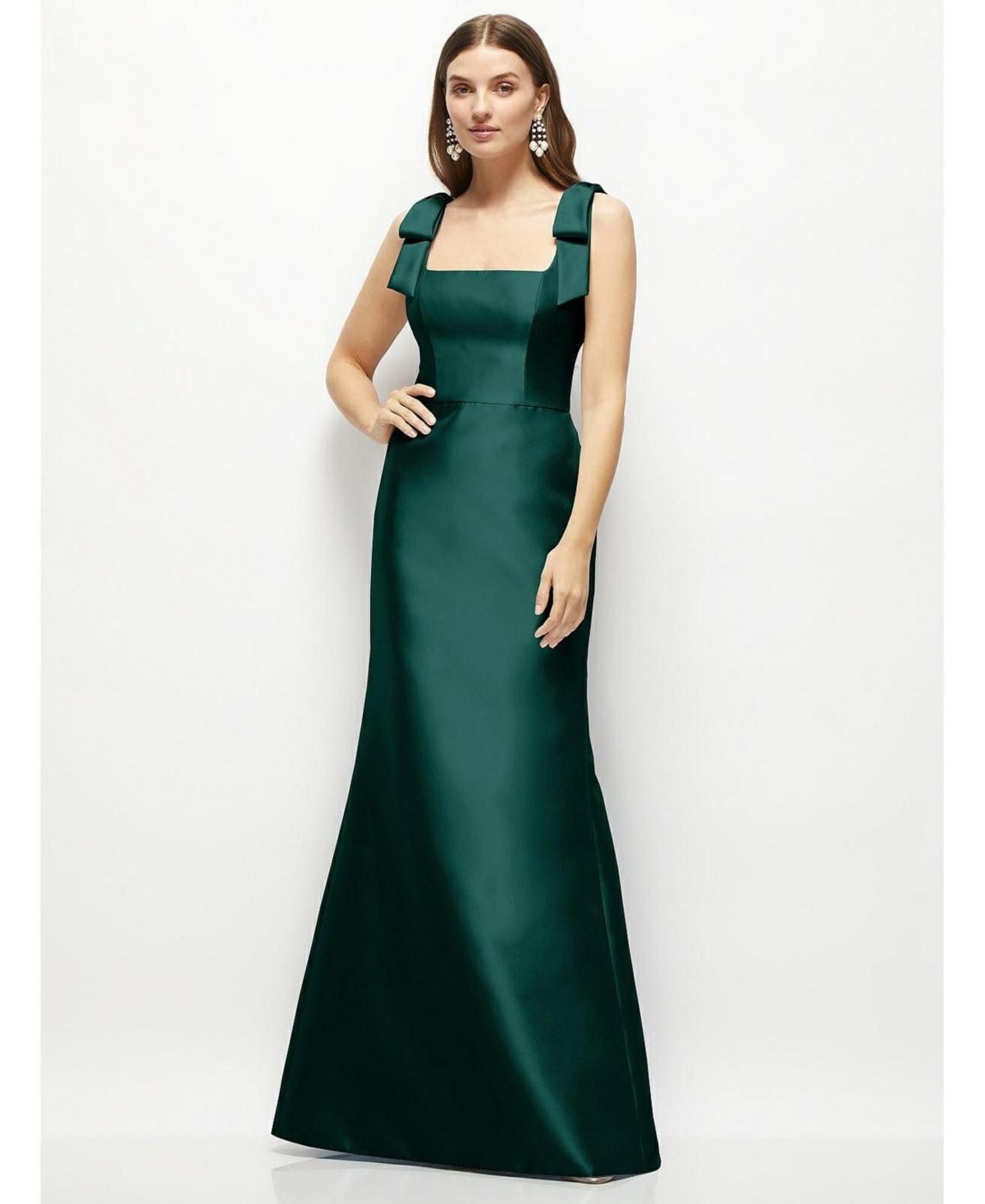 Alfred Sung Womens Satin Fit and Flare Maxi Dress with Shoulder Bows Product Image