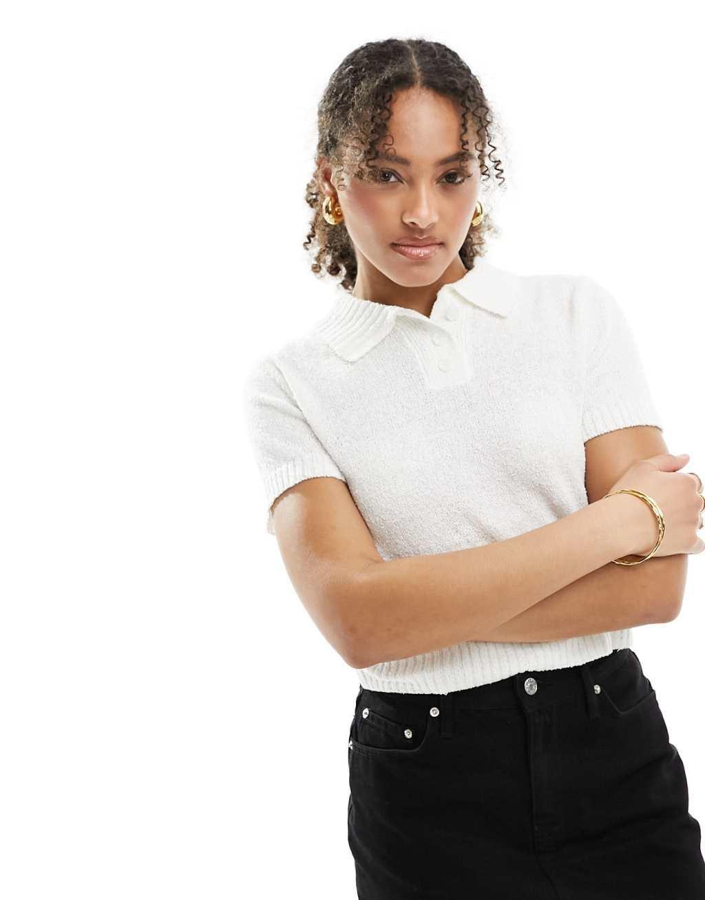 Stradivarius rustic knit polo top in white  Product Image