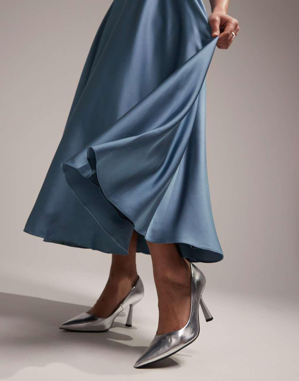 ASOS DESIGN satin midi dress with tie back in dusky blue   Product Image