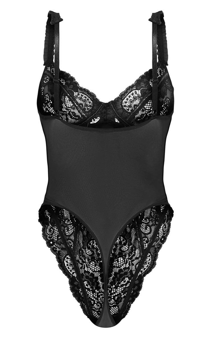 Black Mesh Frill Detail Panelling Lace Bodysuit Product Image