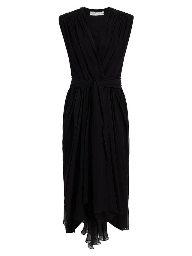 Womens Gathered Silk Chiffon Dress - Black - Size 12 Product Image