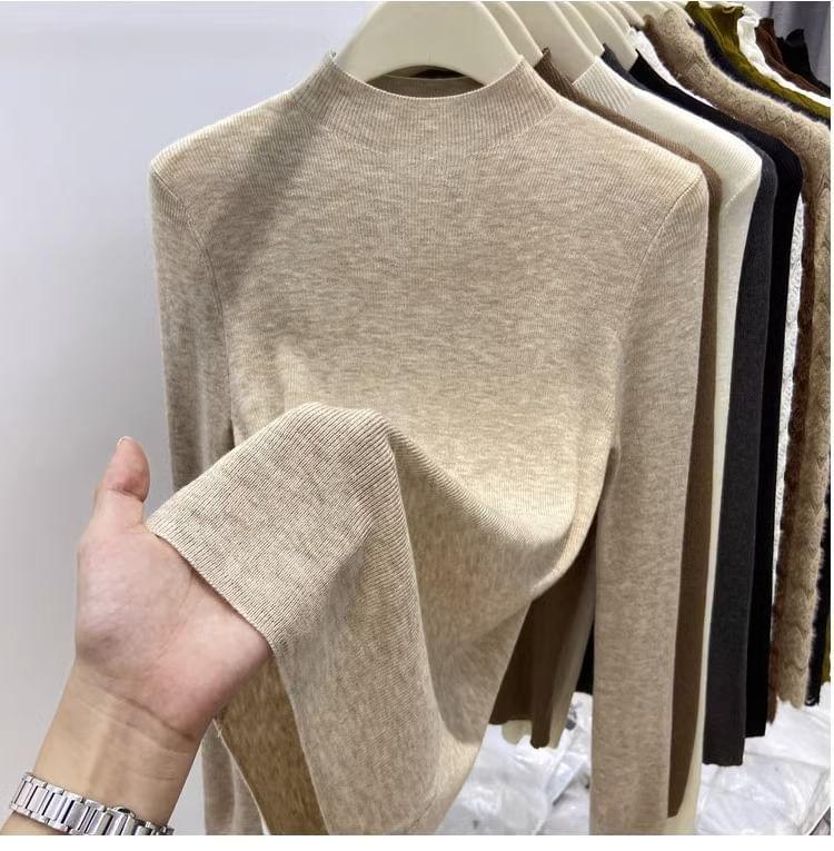 Long-Sleeve Mock Neck Plain Knit Top Product Image