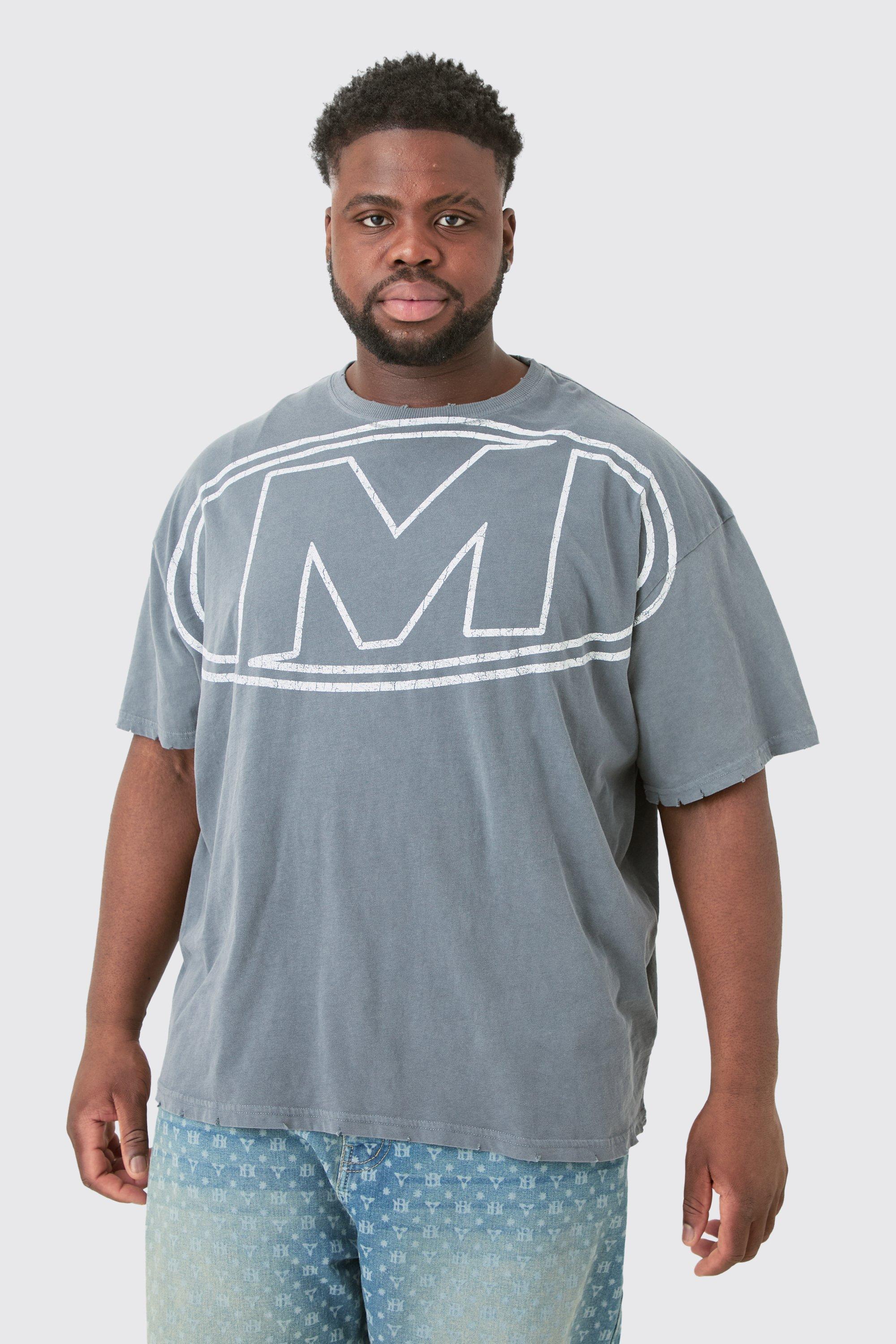 Mens Grey Plus Distressed Oversized Logo Graphic T-shirt, Grey Product Image