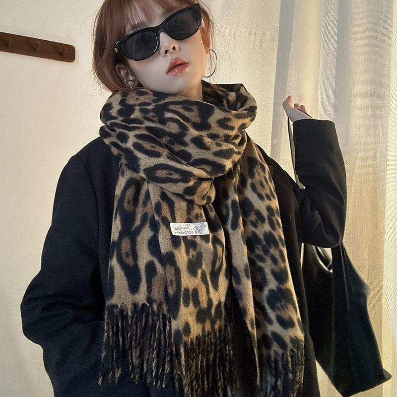 Leopard Print Fringed Scarf Product Image