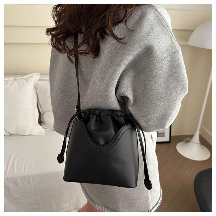 Plain Drawstring Faux Leather Bucket Bag Product Image