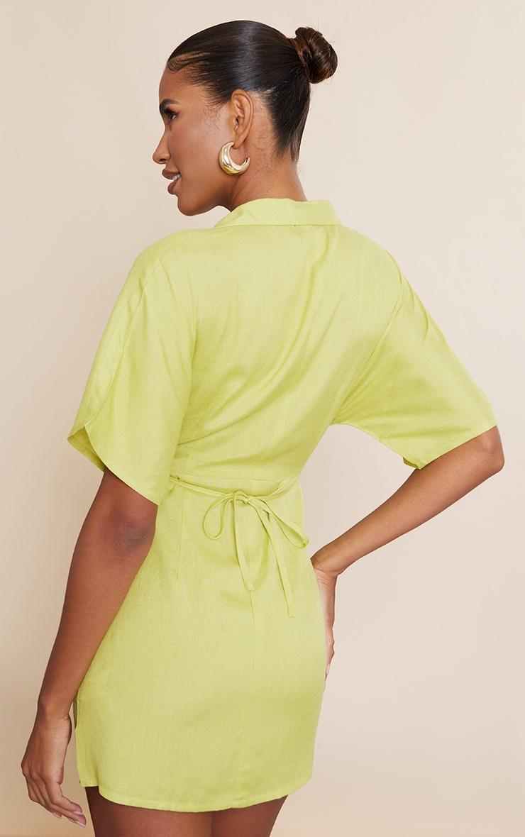 Green Linen Look Cut Out Waist Button Skirt Shirt Dress Product Image