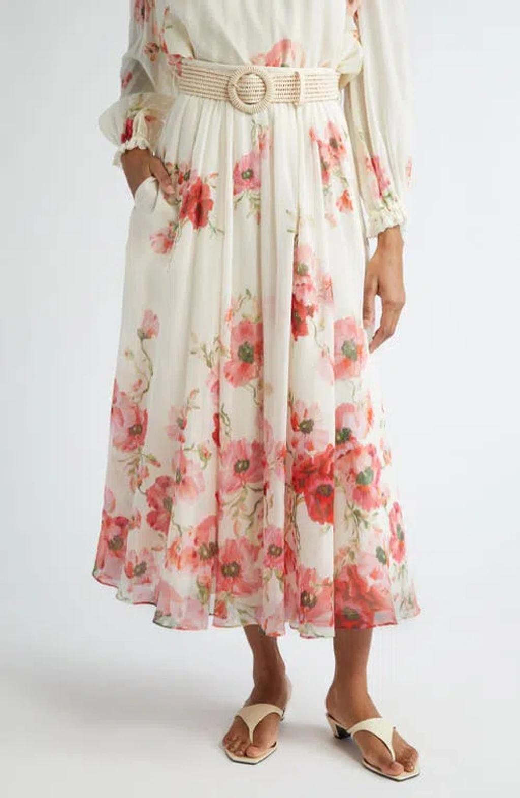 Floral Print Belted Maxi Skirt In Beige Product Image