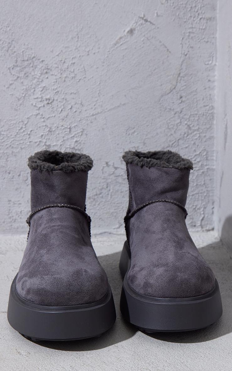 Grey Faux Suede Round Toe Thick Flat Sole Ankle Boots Product Image