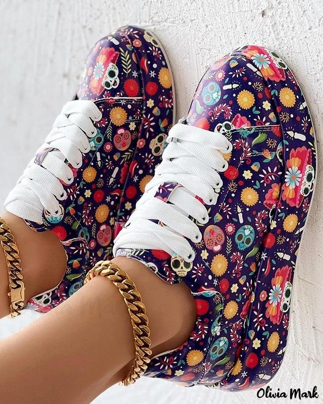 Olivia Mark – Womens Halloween Skull Head Floral Print Lace-up Platform Sneakers Product Image