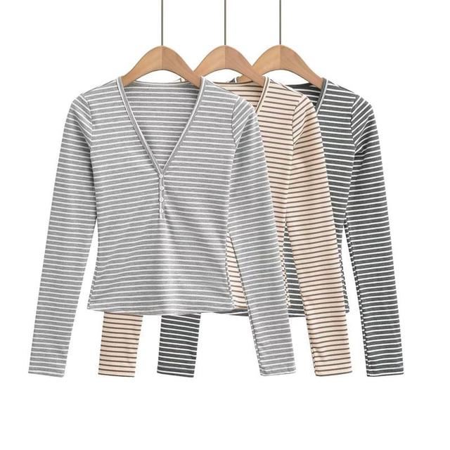 Long Sleeve Henley Striped T-Shirt Product Image