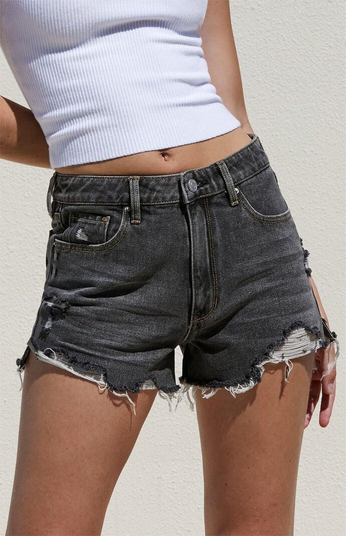 Women's Faded Black Ripped High Waisted Denim Festival Shorts Product Image