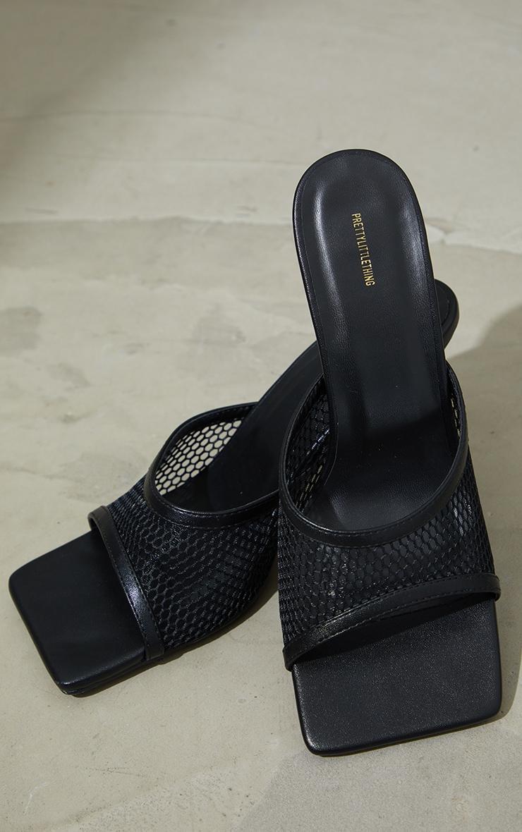 Black PU Square Toe Fish Net Low Heeled Mules Product Image