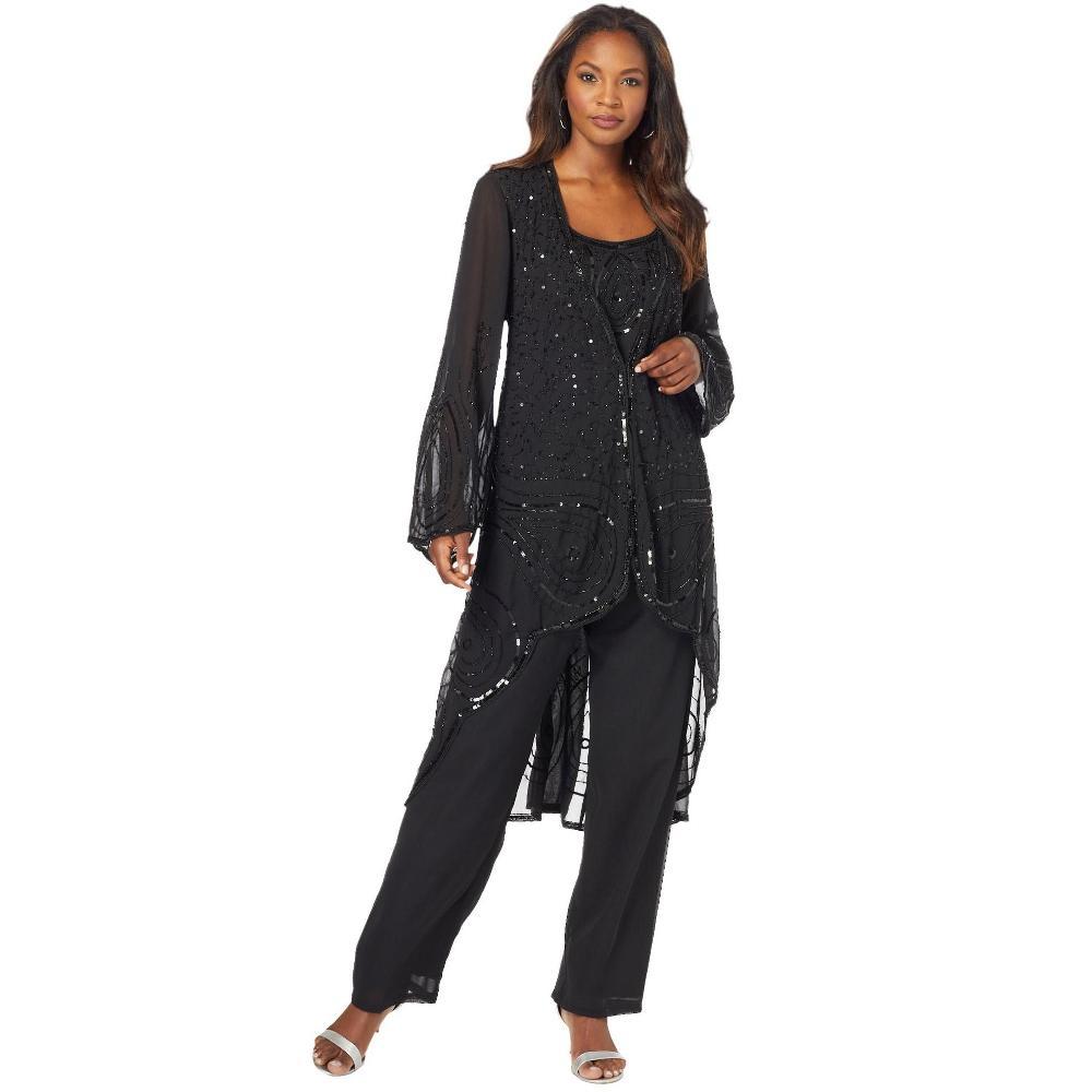 Roaman's Women's Plus Size Three-Piece Beaded Pant Suit - 38 W, Black Product Image