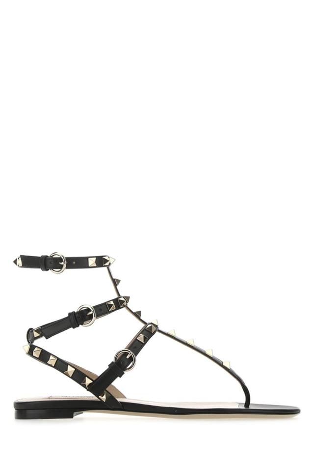 Rockstud Flat Calfskin Sandal With Straps Woman Black 41 Product Image