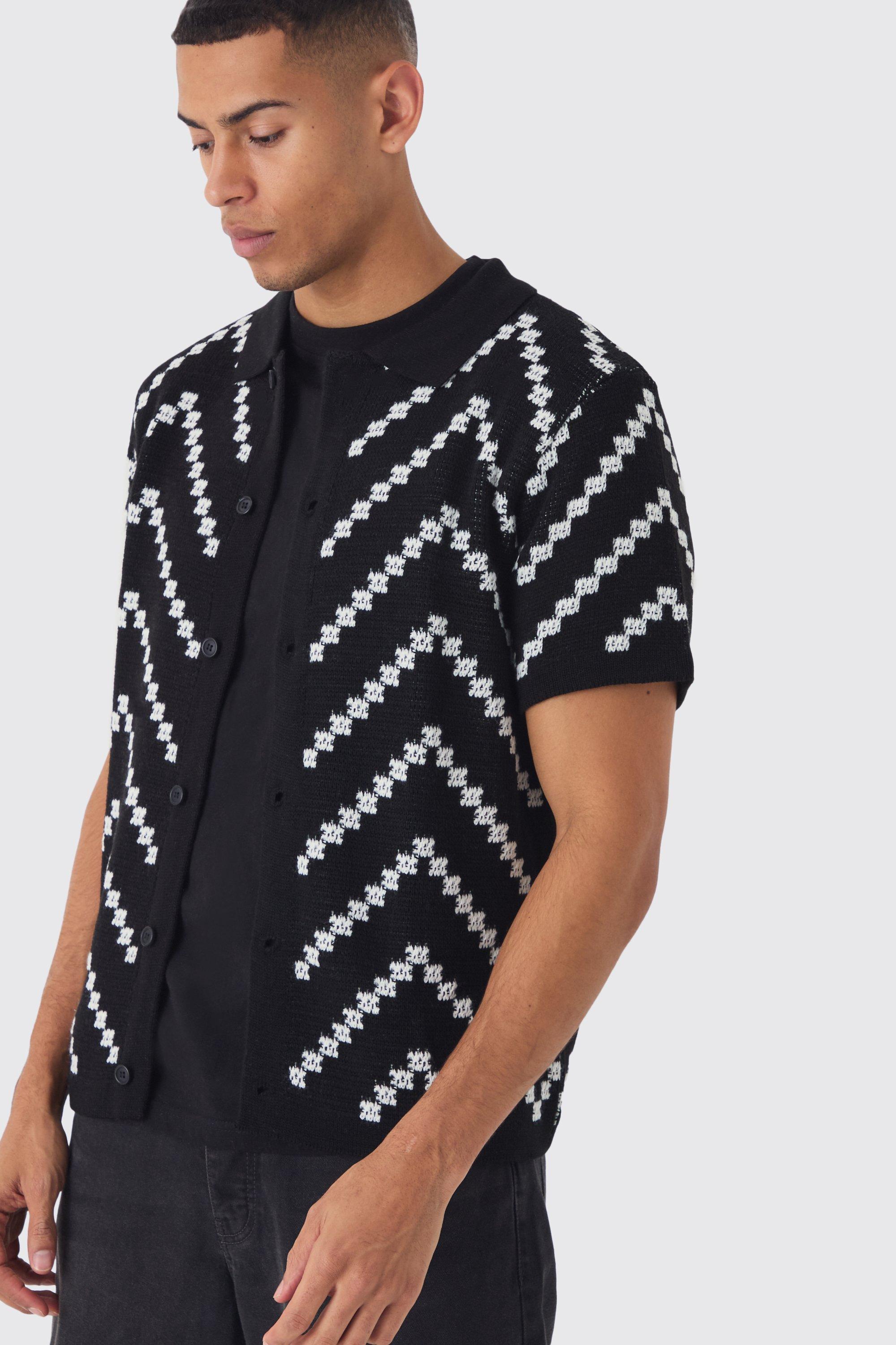 Open Knit Stripe Shirt In Black | boohooMAN USA Product Image