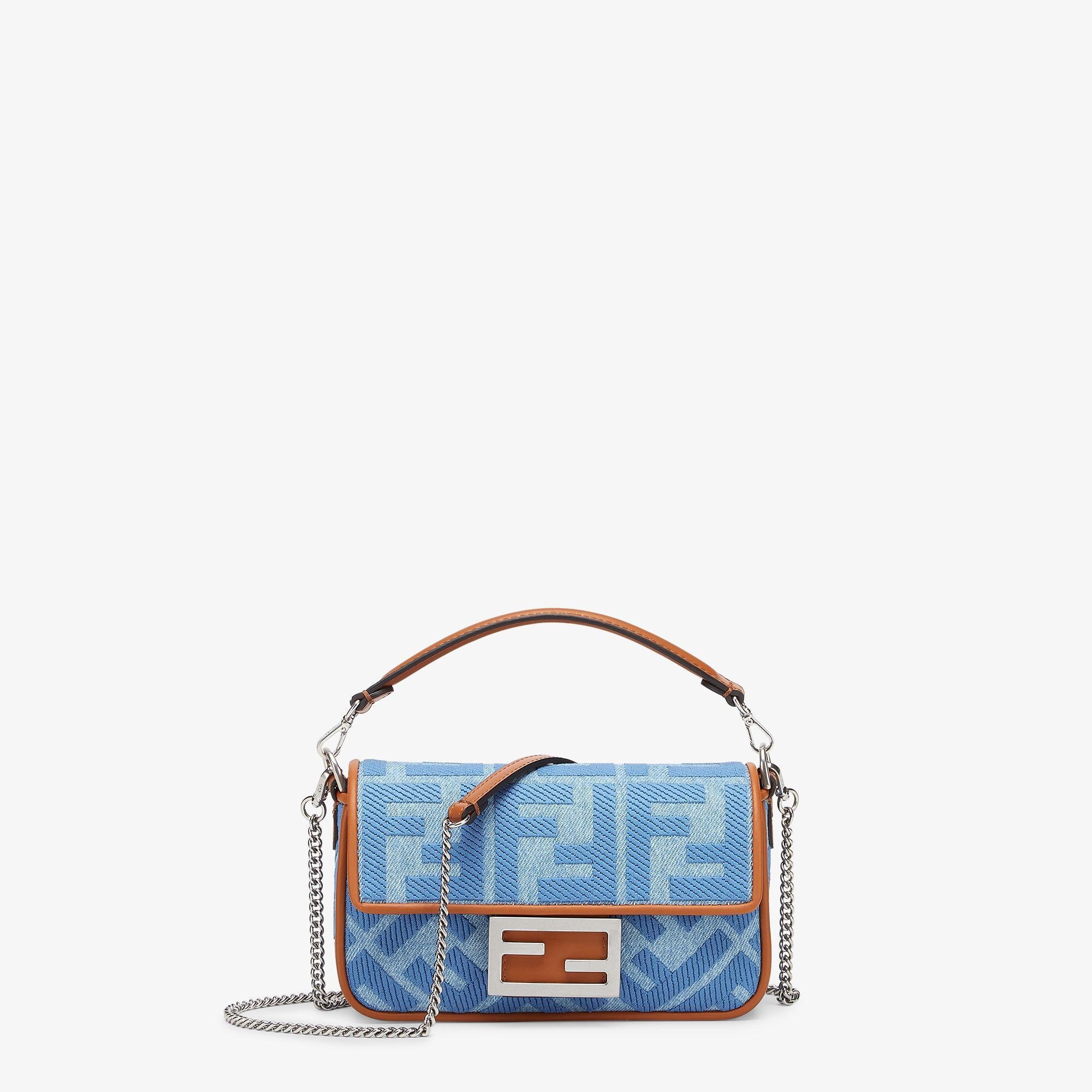 Baguette MiniLight blue denim bag with FF embroidery Product Image