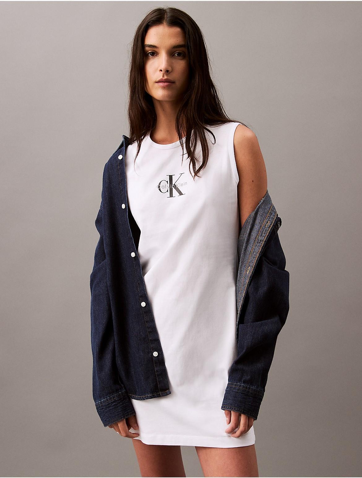 Calvin Klein Womens Monogram Logo Sleeveless T-Shirt Dress - White - S Product Image