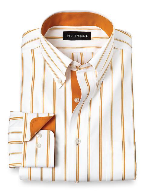 Non-Iron Cotton Stripe Dress Shirt With Contrast Trim - Melon/tan Product Image