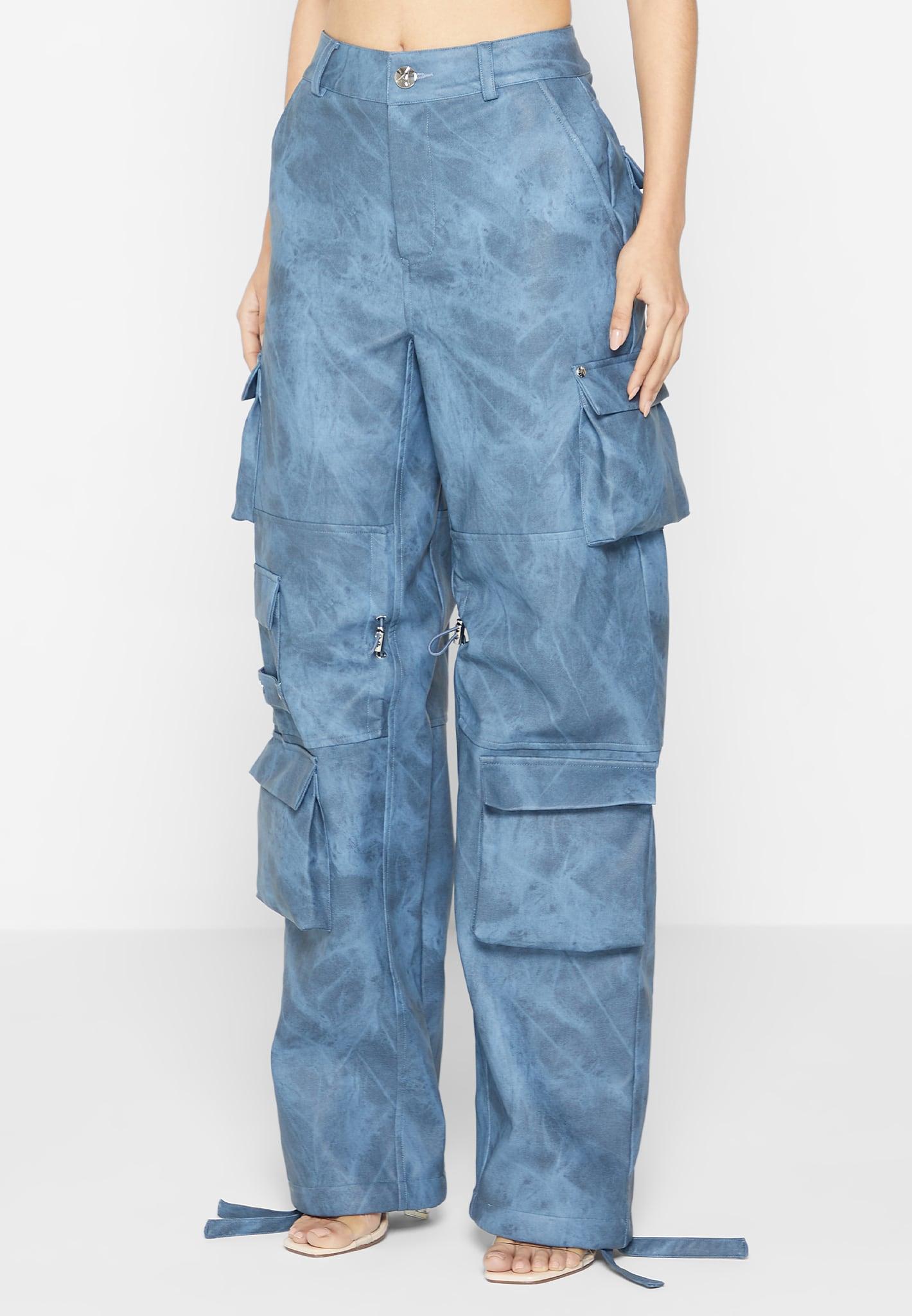 High Waisted Vintage Marble Leather Cargo Pants - Washed Blue Female Product Image