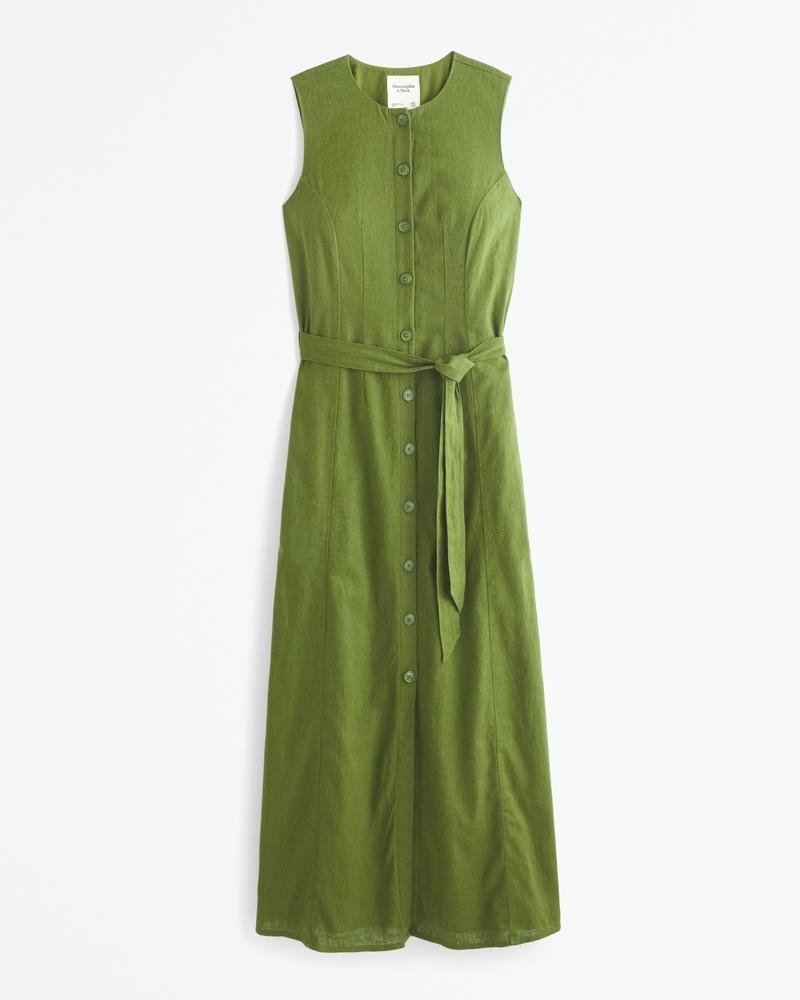 Linen-Blend Belted Midi Dress Product Image