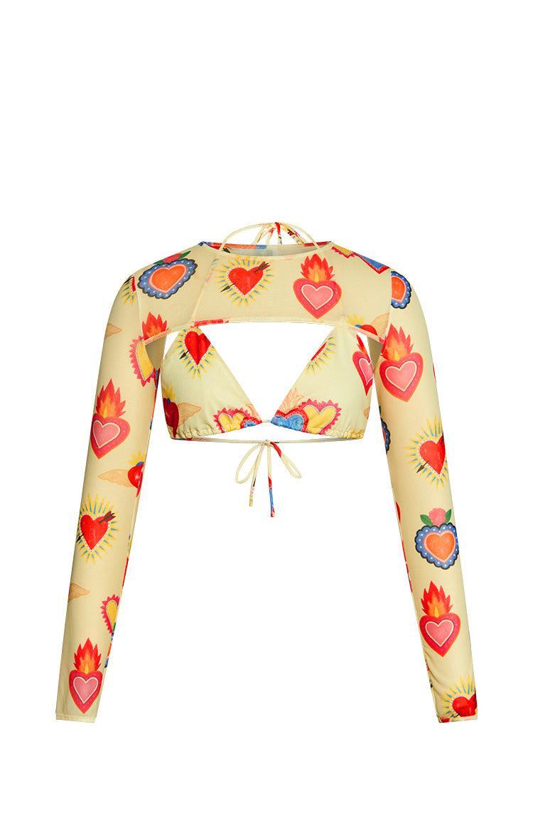 Enya Yellow Heart Printed Mesh Bra And Crop Set Product Image