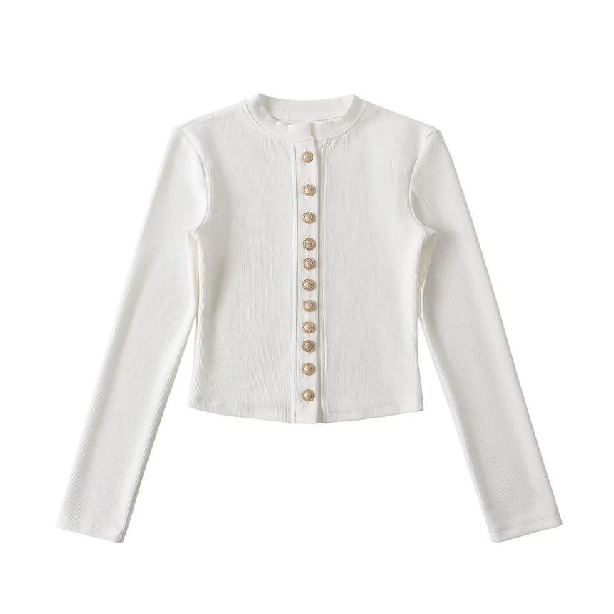 Mock Neck Button Ribbed Knit Cropped Cardigan product image