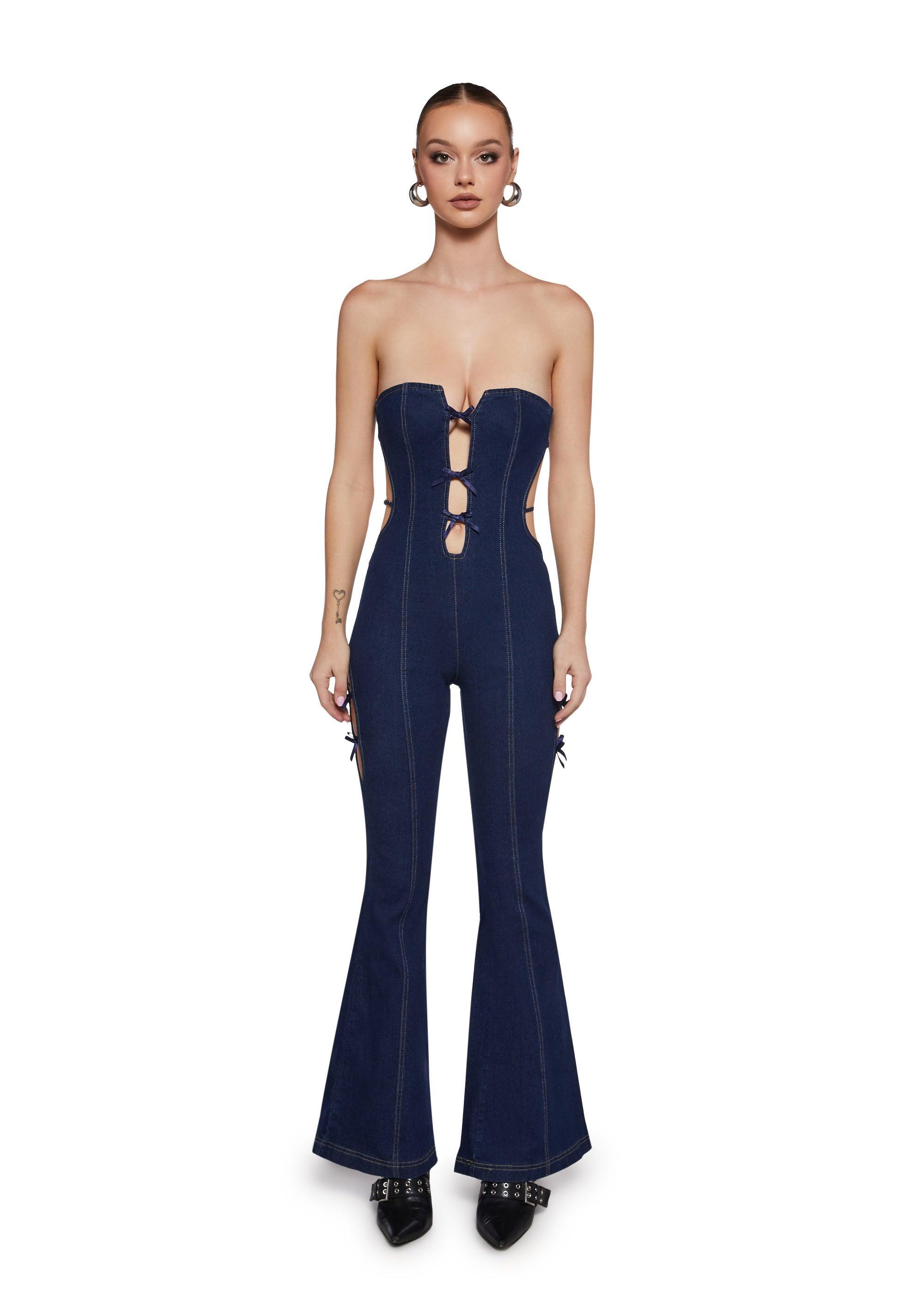 Stretchy Denim Strapless Cutout Bow Flare Leg Jumpsuit - Blue Product Image