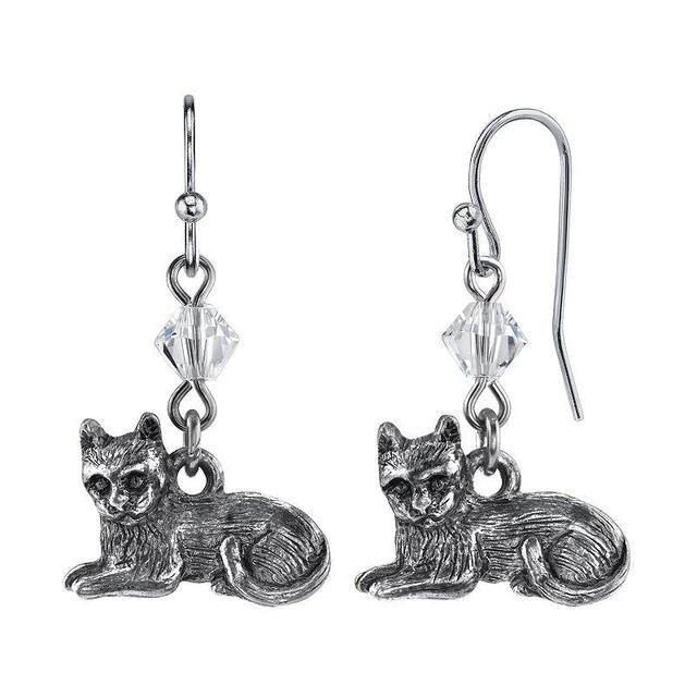 1928 Jewelry Clear Bead Detail Pewter Cat Wire Drop Earrings, Womens, Grey Product Image