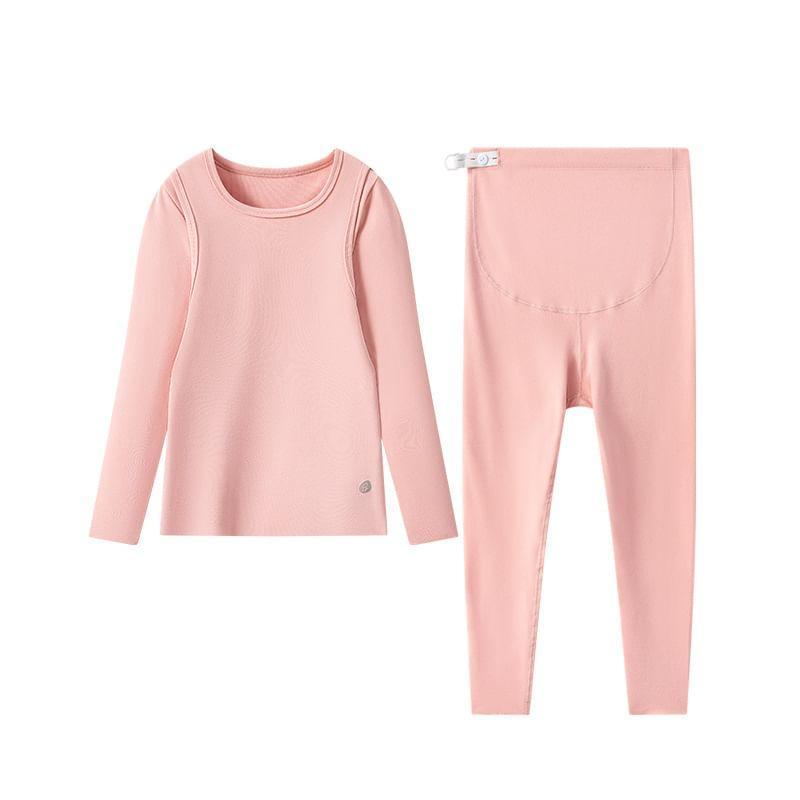 Maternity Pajama Set: Long-Sleeve Plain Top + Pants Product Image