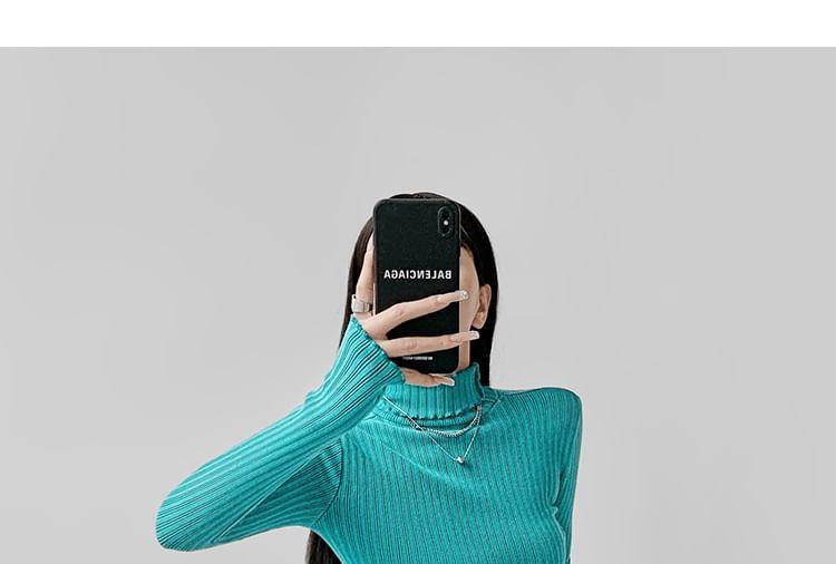 Long-Sleeve Turtleneck Plain Ribbed Knit Top Product Image