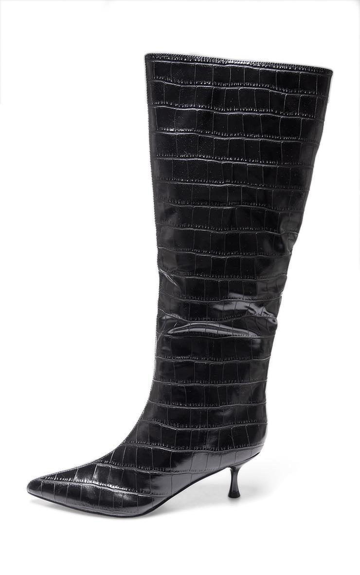 Black Croc PU Point Toe Low Heel Knee High Boots Product Image