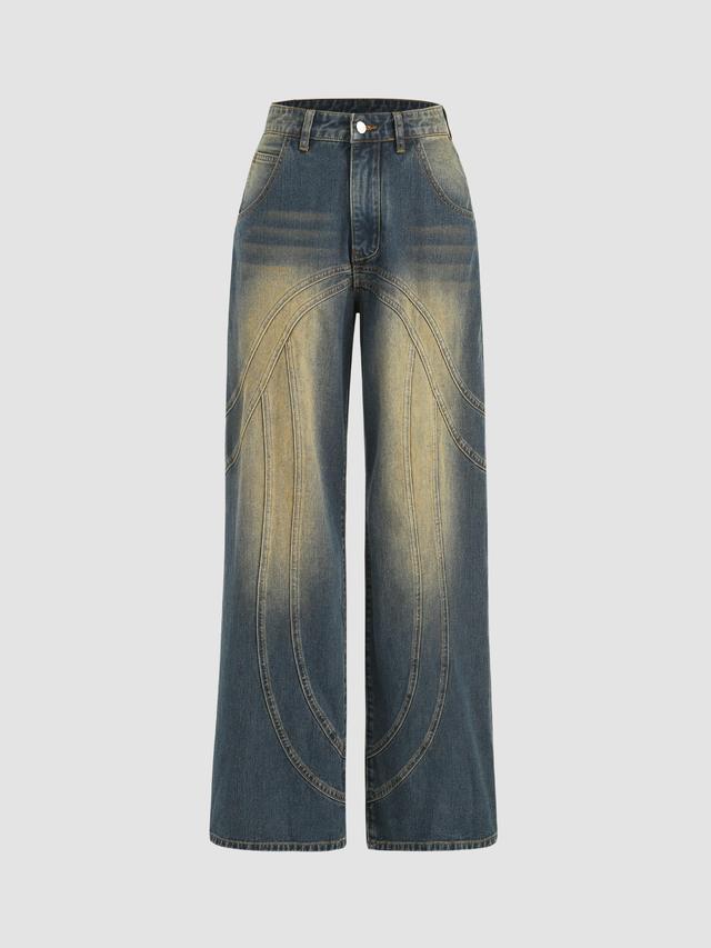 Mid Waist Washed Button Wide Leg Jeans Product Image