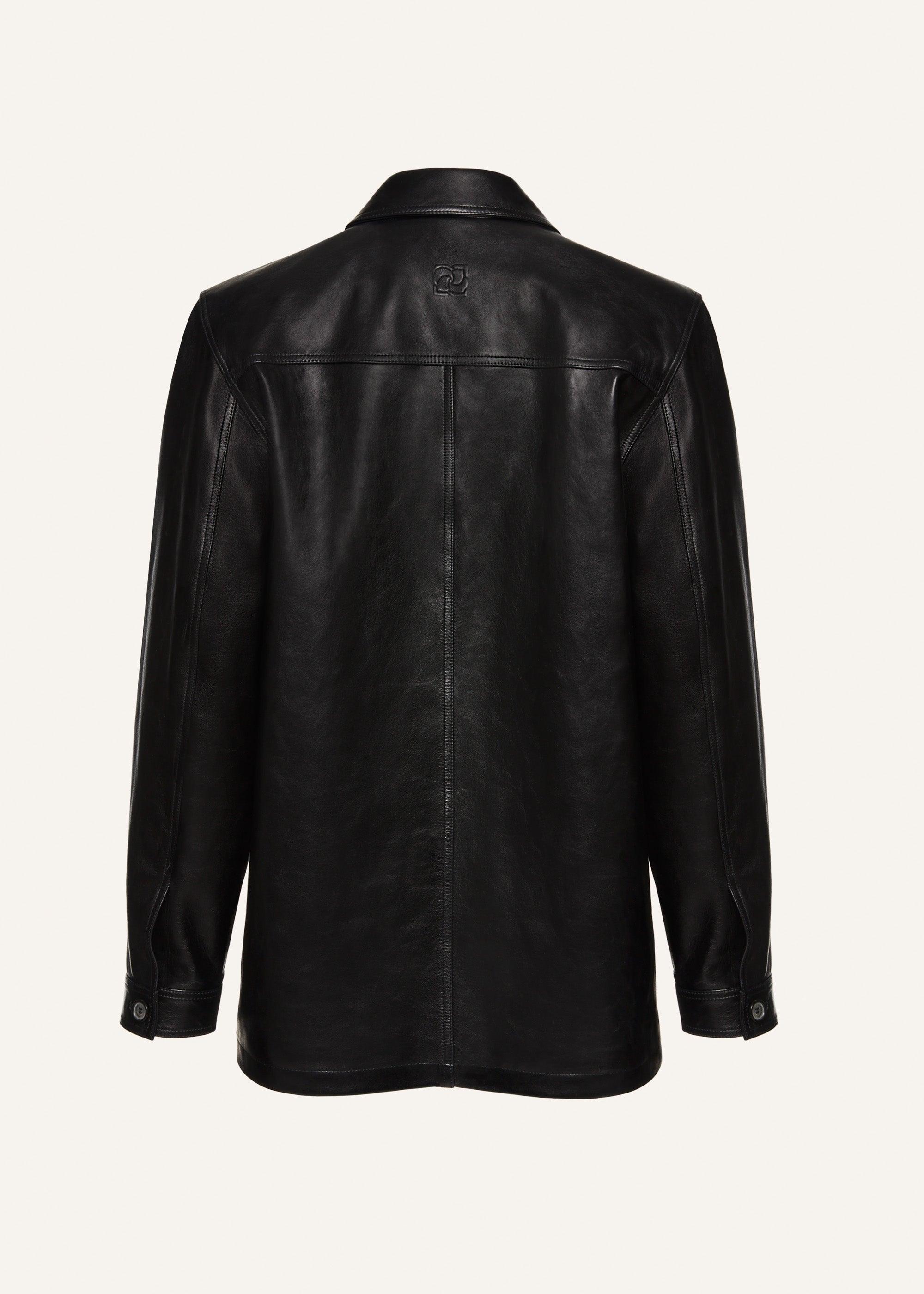 Oversized leather button up jacket in black Product Image