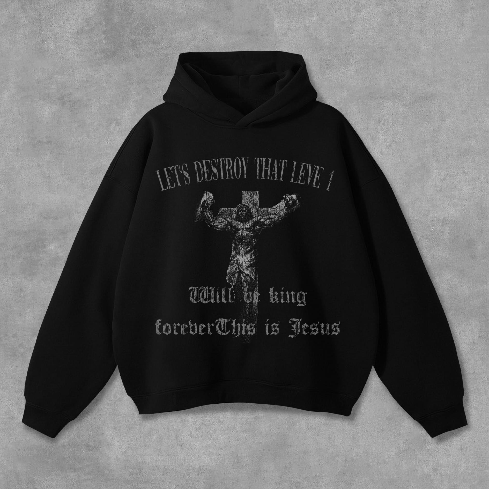 Sopula Strong Jesus Retro Medieval Print Graphics Pocketless Hoodie Product Image