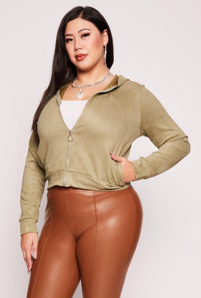 Womens Plus Size Faux Suede Zip Front Hoodie Product Image