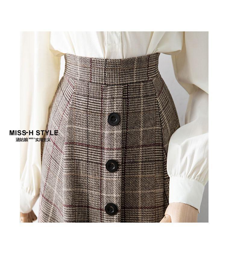 High Waist Plaid Midi A-Line Skirt Product Image