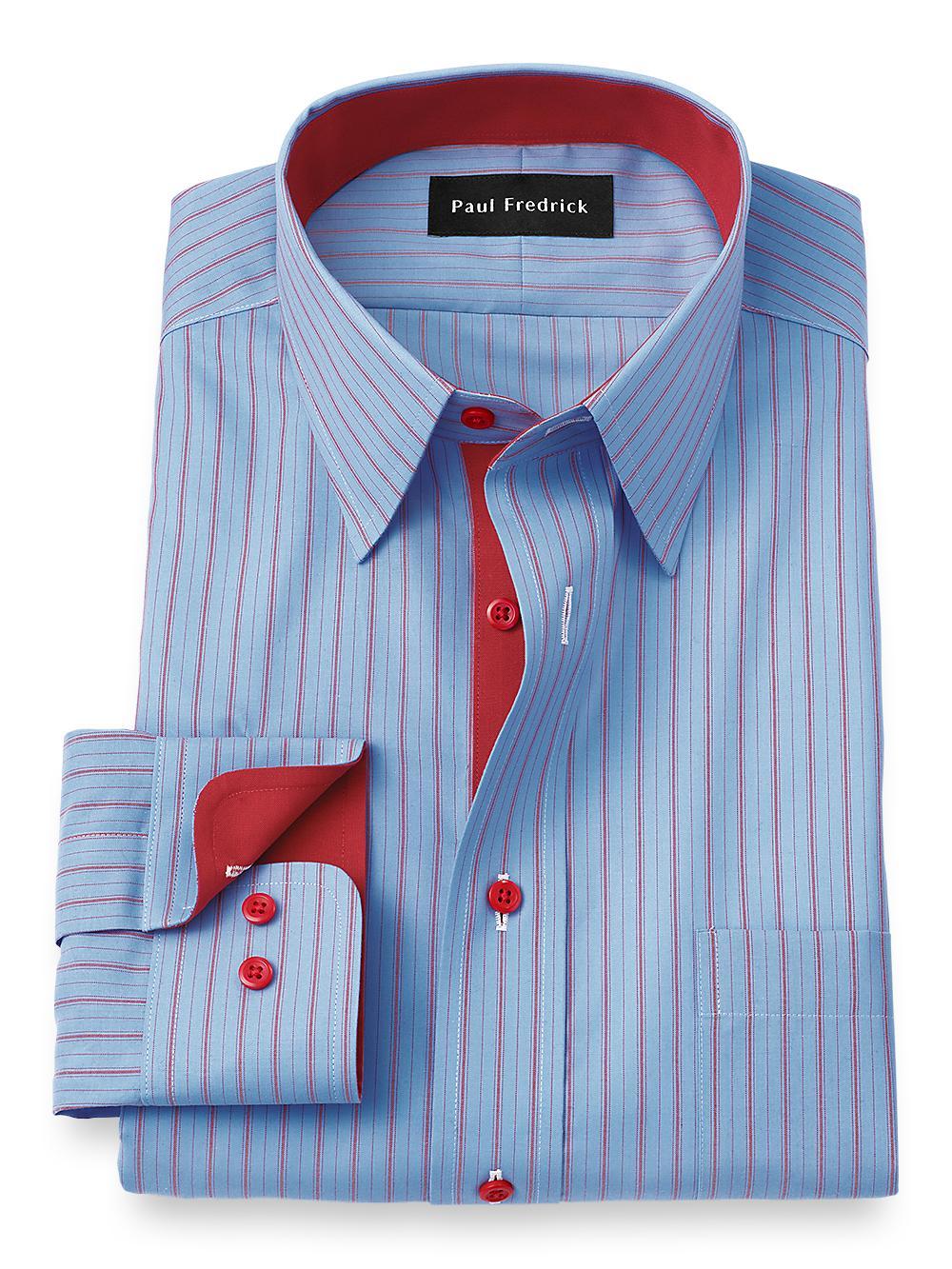 Non-Iron Cotton Stripe Dress Shirt With Contrast Trim - Blue/red Product Image