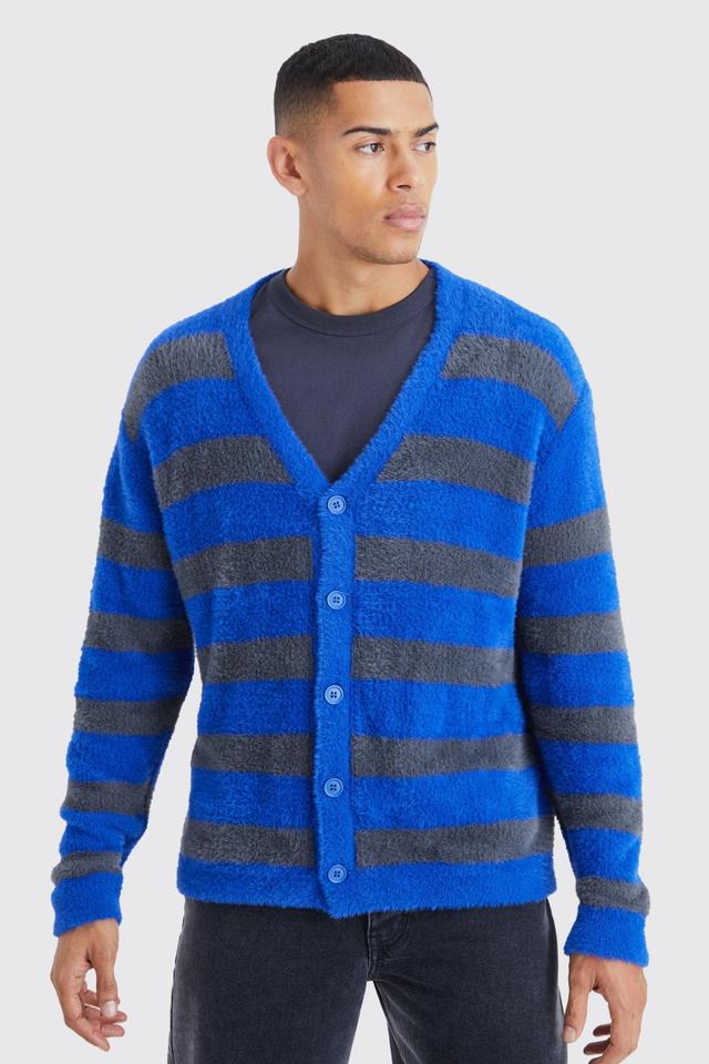 Oversized Stripe Fluffy Cardigan | boohooMAN USA Product Image