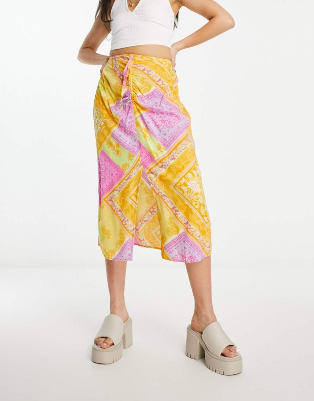 Miss Selfridge ruched front midi skirt in patchwork scarf print  Product Image