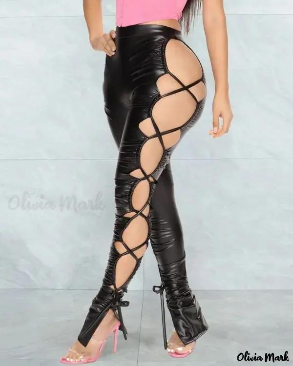 Olivia Mark – PU Leather Ruched Side Lace Up Skinny Pants Product Image