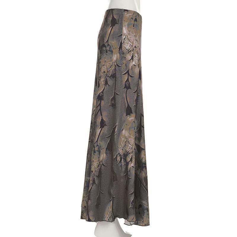 High Waist Floral Print Maxi A-Line Skirt Product Image