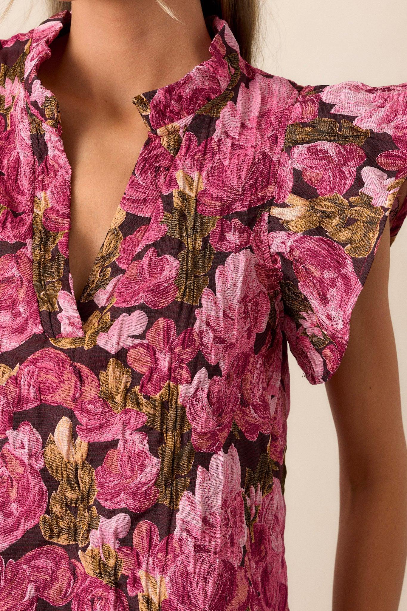 Bright Places Berry Floral Jacquard Flutter Sleeve Top Product Image