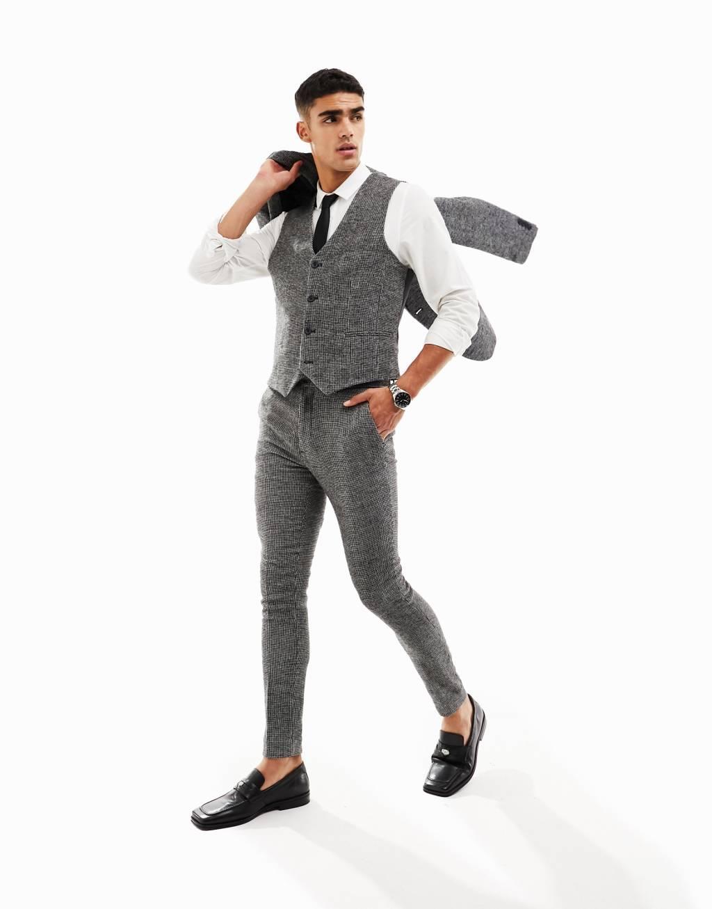 ASOS DESIGN wedding super skinny wool mix suit vest in monochrome puppytooth Product Image