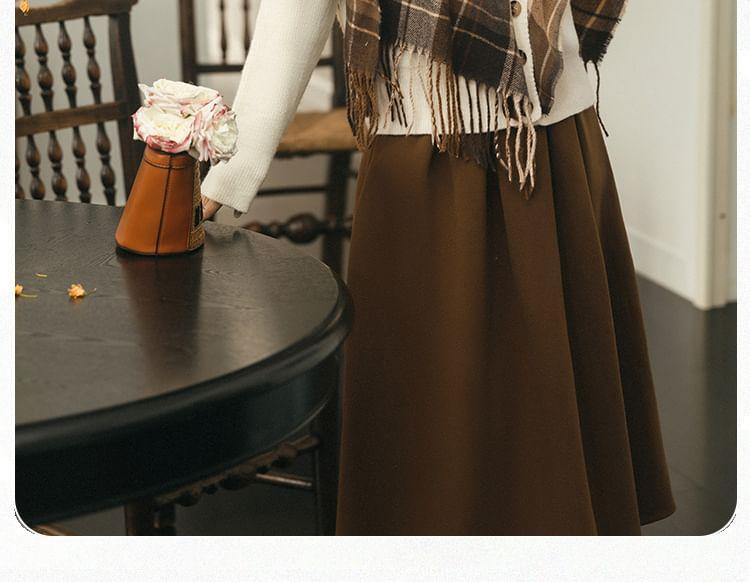 Set: Long-Sleeve Turtleneck Plaid Panel Top + High Rise Maxi A-Line Skirt Product Image