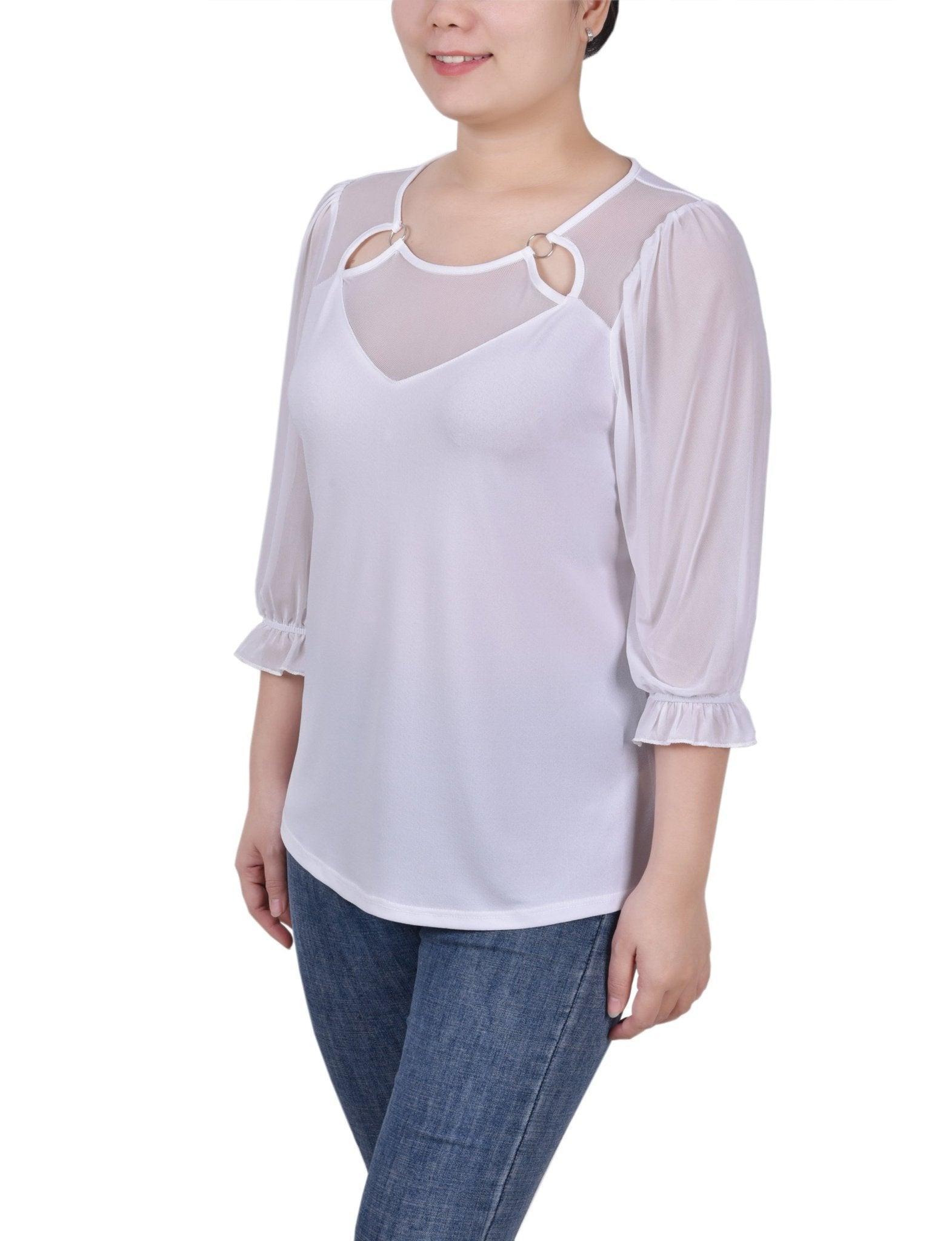 3/4 Length Sleeve Ringed Top With Mesh - Petite Product Image