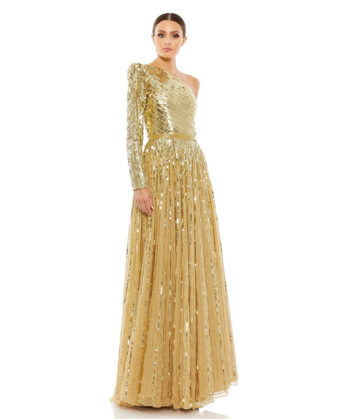 Mac Duggal Sequined Tulle One Shoulder Long Sleeve A Product Image