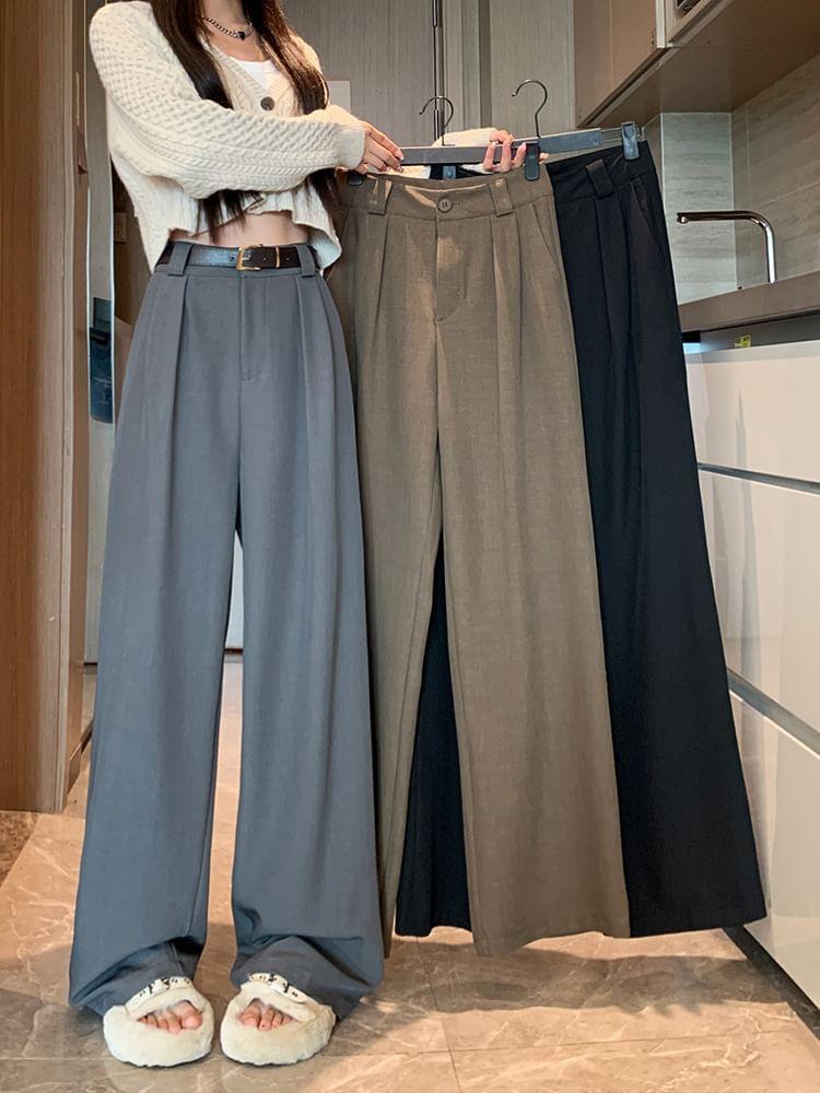 High Rise Plain Wide Leg Dress Pants Product Image