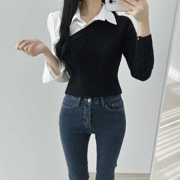 Long-Sleeve Collared Mock Two-Piece Cable Knit Panel Crop Blouse Product Image