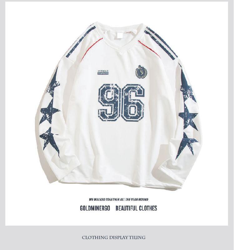 Crewneck Star Print Numbering Sweatshirt Product Image